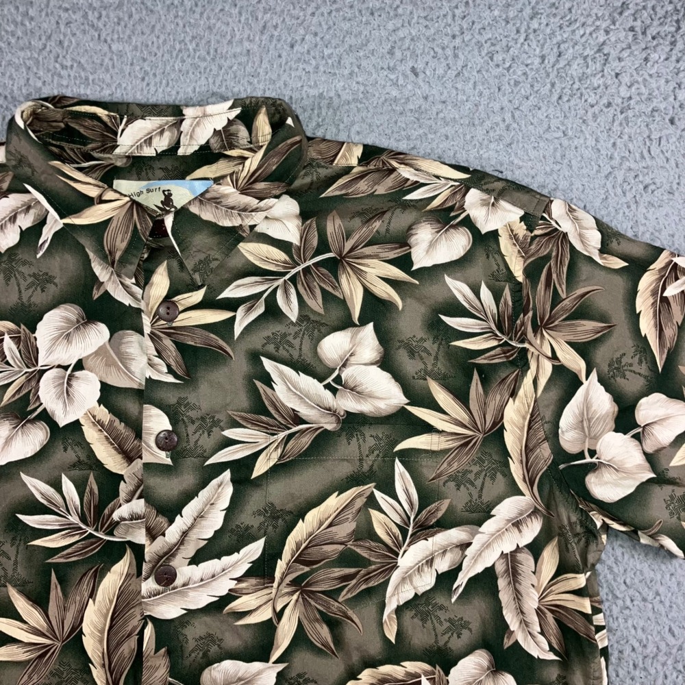 Vtg Hawaiian Shirt Men 2XL Green Tropical Leaf Print Cotton S/S 90s Resort Beach